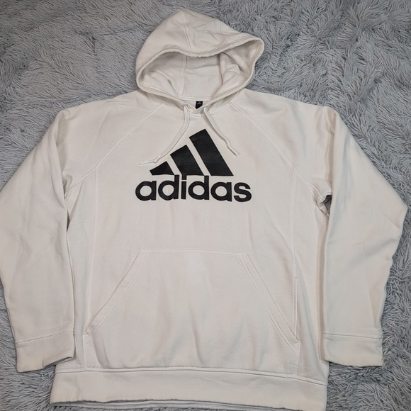 Adidas Sweatshirt Mens L White Hoodie Logo Pocket Active Streetwear Casual‎ - Picture 1 of 9